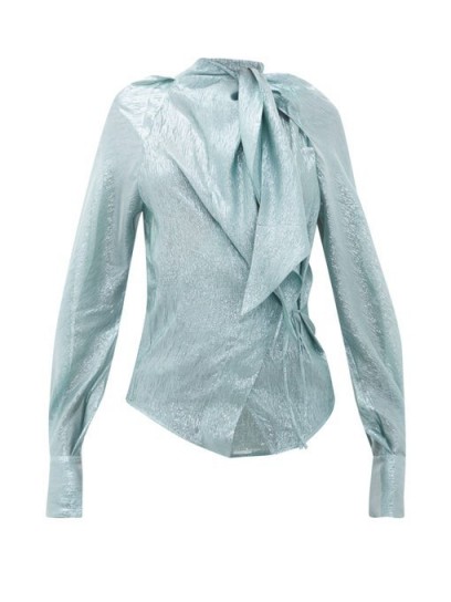 PETAR PETROV Betsey tie-neck silk-blend lamé blouse in blue ~ metallic blouses