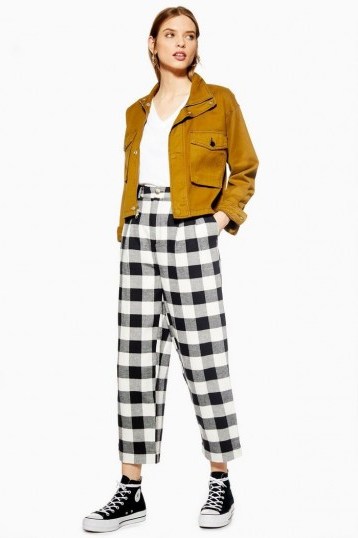 TOPSHOP Black And White Gingham Tapered Trousers / monochrome crop leg pants - flipped