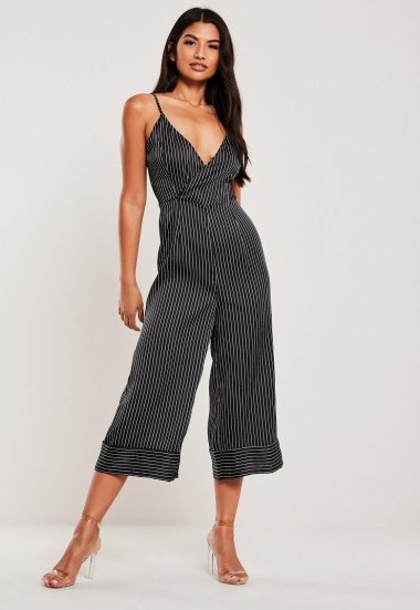 MISSGUIDED black satin stripe culotte jumpsuit ~ cami strap cropped leg jumpsuits - flipped