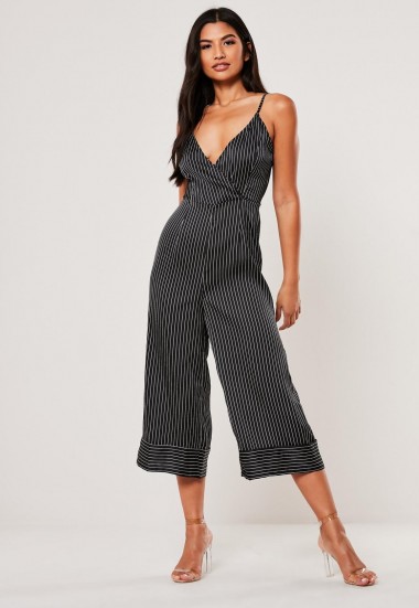 MISSGUIDED black satin stripe culotte jumpsuit ~ cami strap cropped leg jumpsuits
