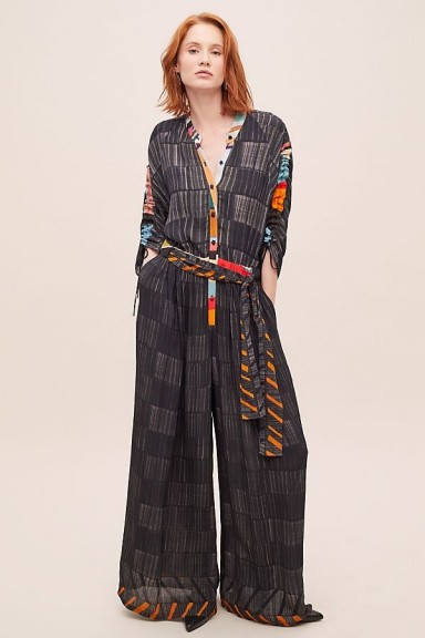 Bl-nk Arel Checked Jumpsuit Dark Grey / wide leg, ruched sleeve jumpsuits