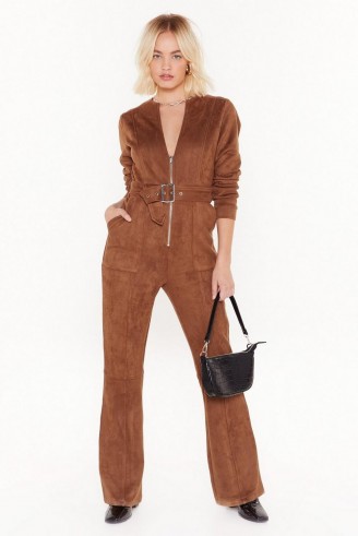 NASTY GAL Can I Faux Suede You to Stay Belted Jumpsuit in Tan