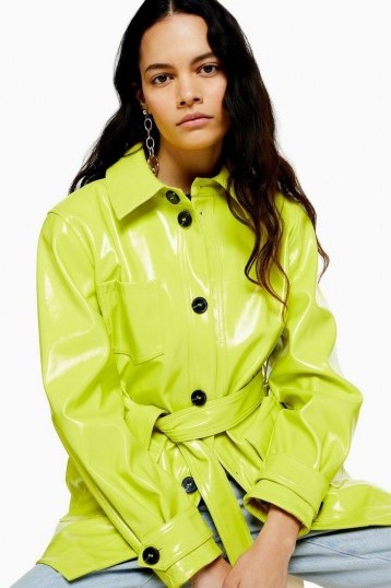 TOPSHOP CHICAGO Neon Lime Belted Vinyl Coat / high-shine coats - flipped