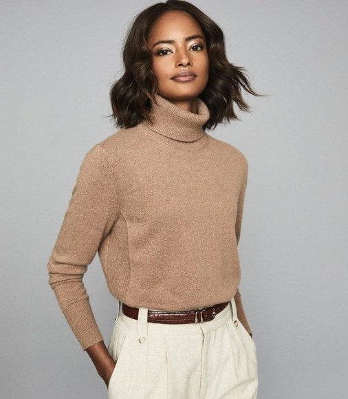 REISS CLIO CASHMERE ROLLNECK JUMPER CAMEL ~ luxury roll neck jumpers - flipped