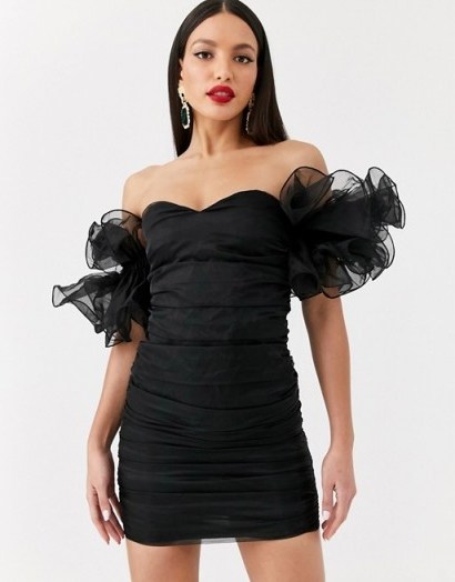 Club L London Tall extreme ruffle sleeve ruched mini bardot dress in black ~ statement lbd - flipped