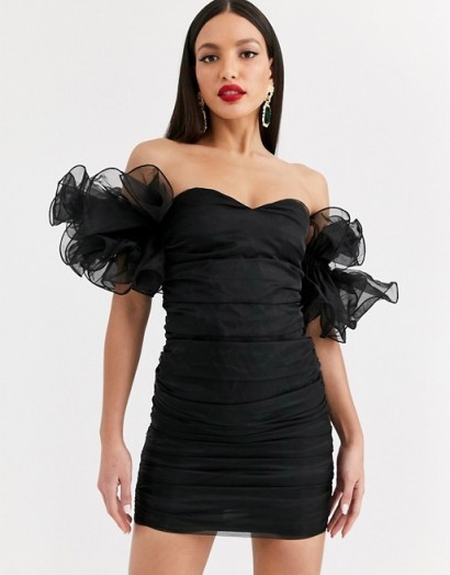 Club L London Tall extreme ruffle sleeve ruched mini bardot dress in black ~ statement lbd