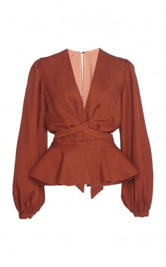 Johanna Ortiz Coral De Nuqui Cotton-Blend Puff Sleeve Peplum Top ~ rust-red plunging blouse - flipped