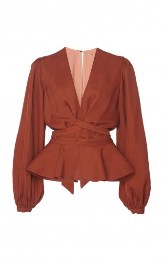 Johanna Ortiz Coral De Nuqui Cotton-Blend Puff Sleeve Peplum Top ~ rust-red plunging blouse