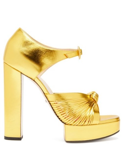 GUCCI Crawford knotted metallic gold-leather platform sandals / luxe platforms
