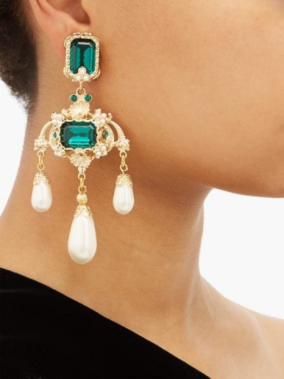 DOLCE & GABBANA Green crystal and faux-pearl drop earrings ~ beautiful Italian costume jewellery