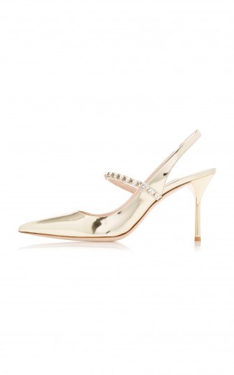 Miu Miu Crystal-Embellished Metallic Gold-Leather Slingback Pumps ~ luxe heels - flipped