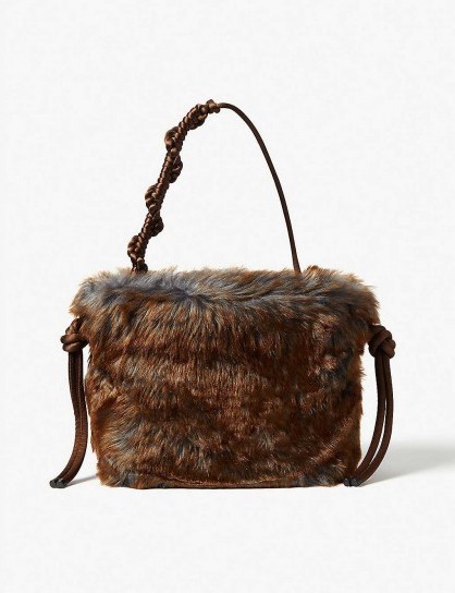 DRIES VAN NOTEN Faux fur tote in brown / fluffy handbag - flipped