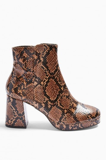 TOPSHOP EDDIE Snake Platform Boots in Natural / reptile print bock heel ankle boot
