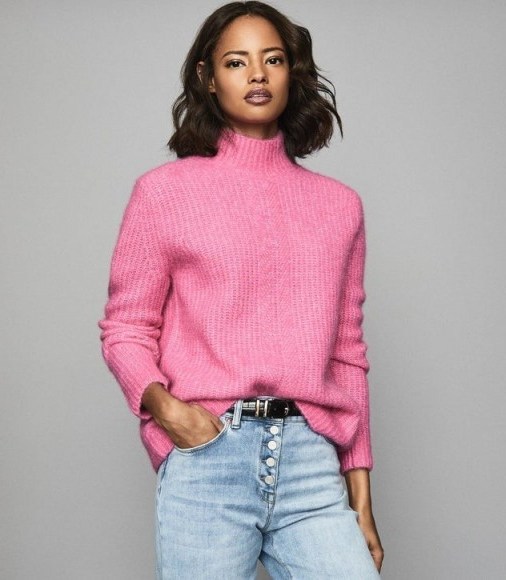 REISS ELSIE CHUNKY RIBBED TURTLENECK JUMPER PINK ~ luxe high neck sweaters - flipped