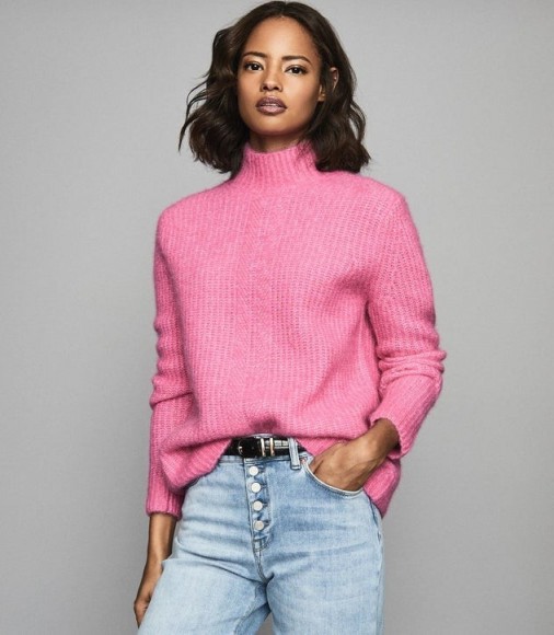 REISS ELSIE CHUNKY RIBBED TURTLENECK JUMPER PINK ~ luxe high neck sweaters