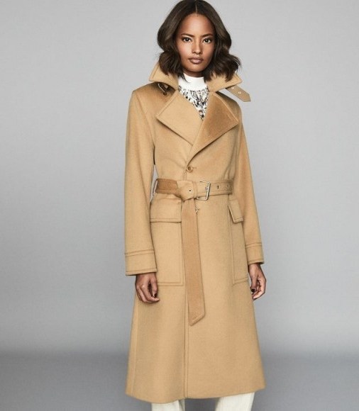 REISS EVERLEY WOOL BLEND BELTED TRENCH COAT CAMEL ~ classic coats - flipped