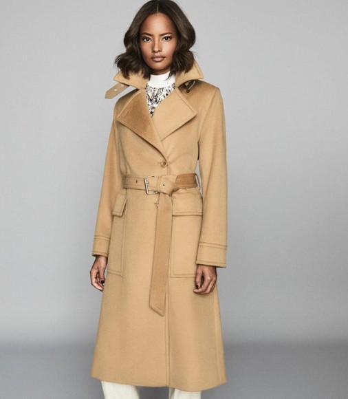 REISS EVERLEY WOOL BLEND BELTED TRENCH COAT CAMEL ~ classic coats