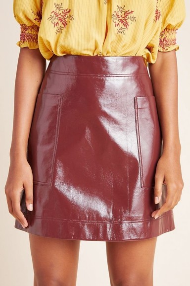 Maeve Faux Patent Leather Skirt in Wine / dark-red high shine skirts