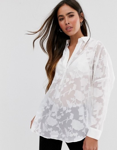 French Connection devore shirt in white / sheer floral burn-out shirts