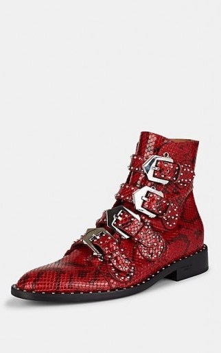 GIVENCHY Elegant Studded Red and Black Python-Stamped Leather Ankle Boots - flipped