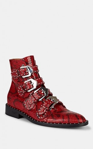 GIVENCHY Elegant Studded Red and Black Python-Stamped Leather Ankle Boots
