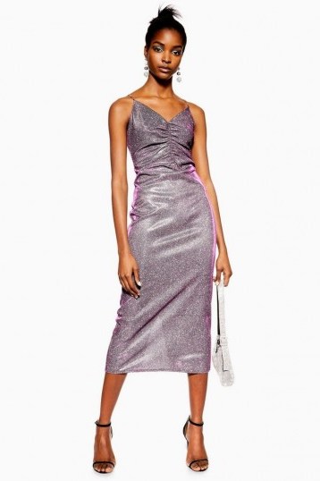 TOPSHOP Glitter Midi Slip Dress in Pink / ruched front going out dresses - flipped