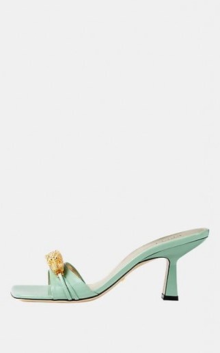 GUCCI Dora Leather Slide Sandals in Aqua ~ luxe embellished heels - flipped