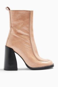 TOPSHOP HARVEY Leather Square Toe Boots in Natural / high chunky heeled boot