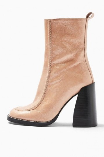 TOPSHOP HARVEY Leather Square Toe Boots in Natural / high chunky heeled boot - flipped