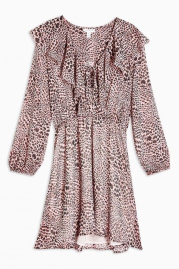 Topshop Heart Animal Print Ruffle Mini Dress in Pink ~ front ruffle trim dresses