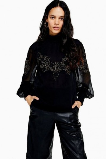 TOPSHOP High Neck Sheer Broderie Blouse in Black - flipped