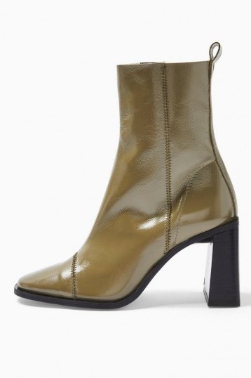 Topshop HOMERUN Leather Boots in Khaki | green leather block heel boot - flipped