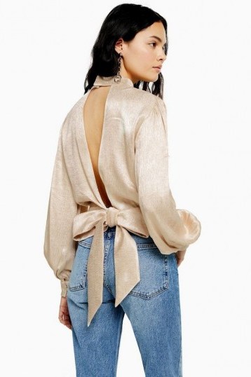 TOPSHOP Jacquard Top With Cut Out Back in Champagne / high neck, blouson sleeve tops - flipped