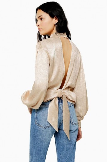 TOPSHOP Jacquard Top With Cut Out Back in Champagne / high neck, blouson sleeve tops