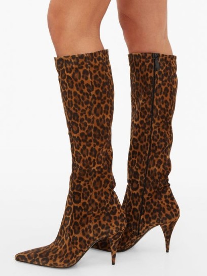 SAINT LAURENT Kiki pointed suede knee-high boots | autumn animal prints