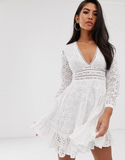 Koco & K embroidered frill hem skater dress in white | plunging neckline fit and flare - flipped