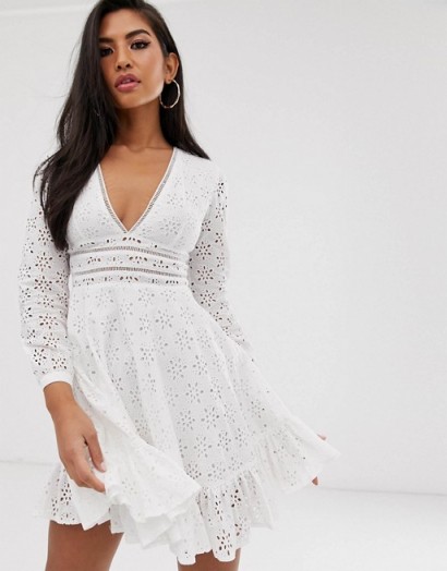Koco & K embroidered frill hem skater dress in white | plunging neckline fit and flare