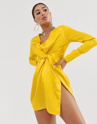 Koco & K satin knot front mini dress in yellow | bright thigh-high slit party dresses