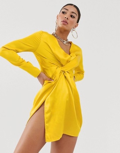 Koco & K satin knot front mini dress in yellow | bright thigh-high slit party dresses - flipped
