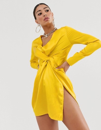 Koco & K satin knot front mini dress in yellow | bright thigh-high slit party dresses