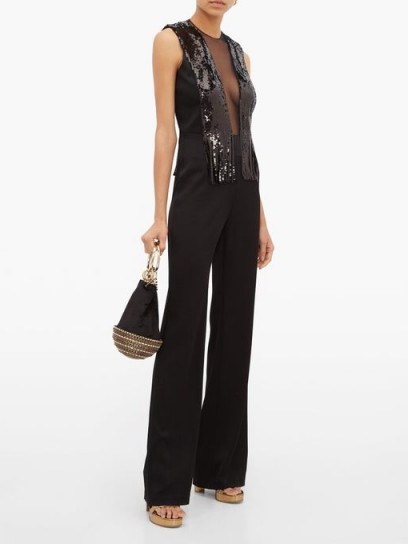 GALVAN Lena sequin, mesh and satin wide-leg jumpsuit in black ~ party glamour ~ glamorous evening wear - flipped