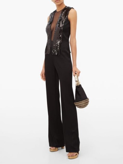 GALVAN Lena sequin, mesh and satin wide-leg jumpsuit in black ~ party glamour ~ glamorous evening wear