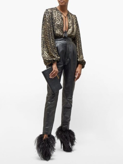 SAINT LAURENT Leopard-print silk-blend lamé blouse / shiny gold blouses