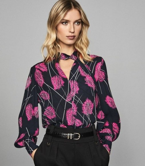 REISS LILY FEATHER PRINTED BLOUSE PINK - flipped