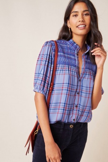 Maeve Lise Smocked Plaid Top in Blue - flipped