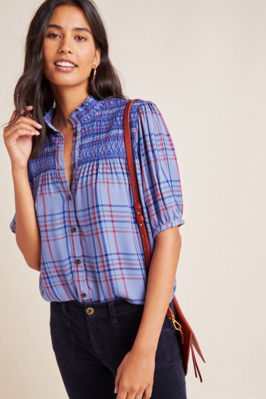 Maeve Lise Smocked Plaid Top in Blue