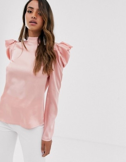 Little Mistress satin top with statement shoulders in pink - flipped