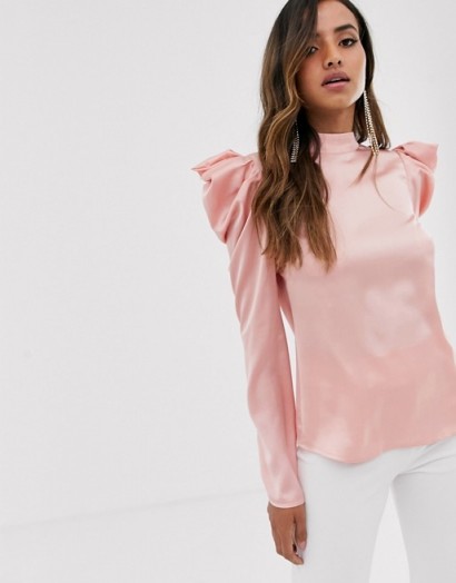 Little Mistress satin top with statement shoulders in pink