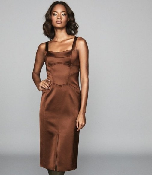 REISS MADELEINE STRUCTURED BODYCON DRESS CHOCOLATE ~ luxe style fitted dresses - flipped