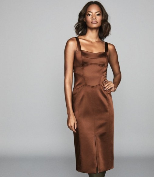 REISS MADELEINE STRUCTURED BODYCON DRESS CHOCOLATE ~ luxe style fitted dresses